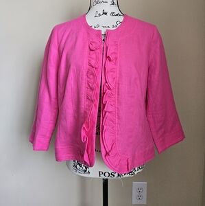 Kim Rogers Linen Blazer Jacket Womens M Petite Pink Short Ruffle